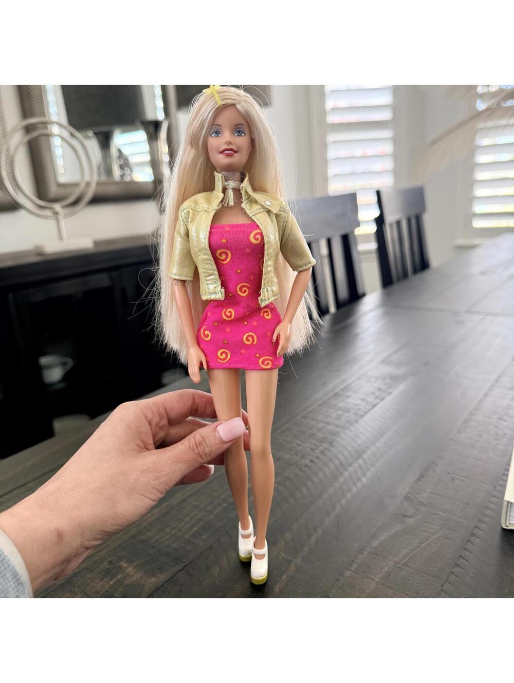 Vintage 2001 Barbie Doll Blonde Hair Pink Dress Green Jacket Mattel